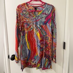 Lucky Brand Vintage Y2K Oversized Embroidered Tunic Top Paisley Psychedelic Sz L